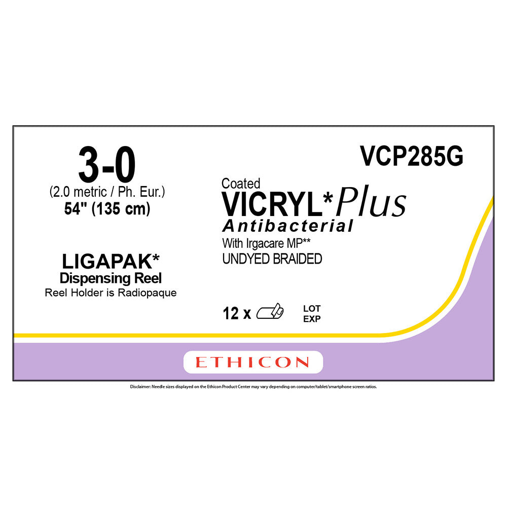 Ethicon COATED VICRYL Plus Antibacterial Suture, Size: 3-0, Needle: LIGAPAK Reel, UNDYED, 12/bx. MPN: VCP285G