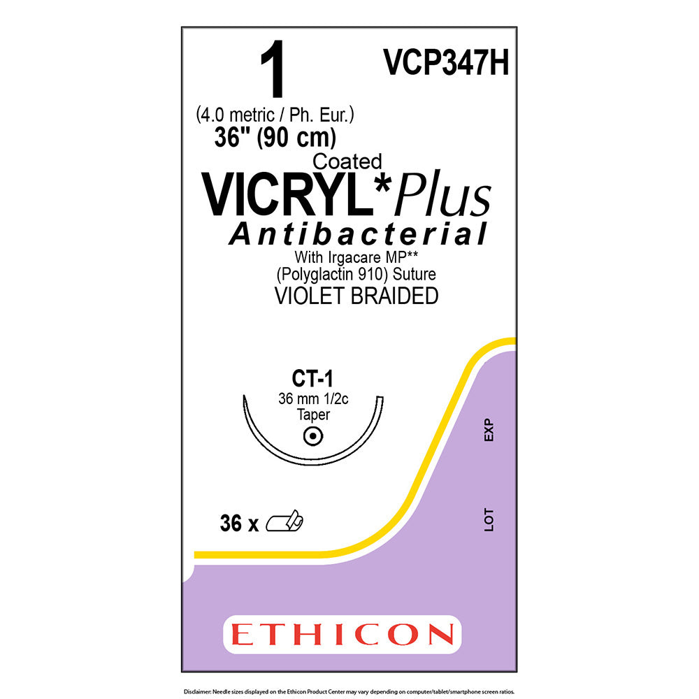 Ethicon COATED VICRYL Plus Antibacterial Suture, Size: 1, Needle: CT-1, VIOLET, 36/bx. MPN: VCP347H