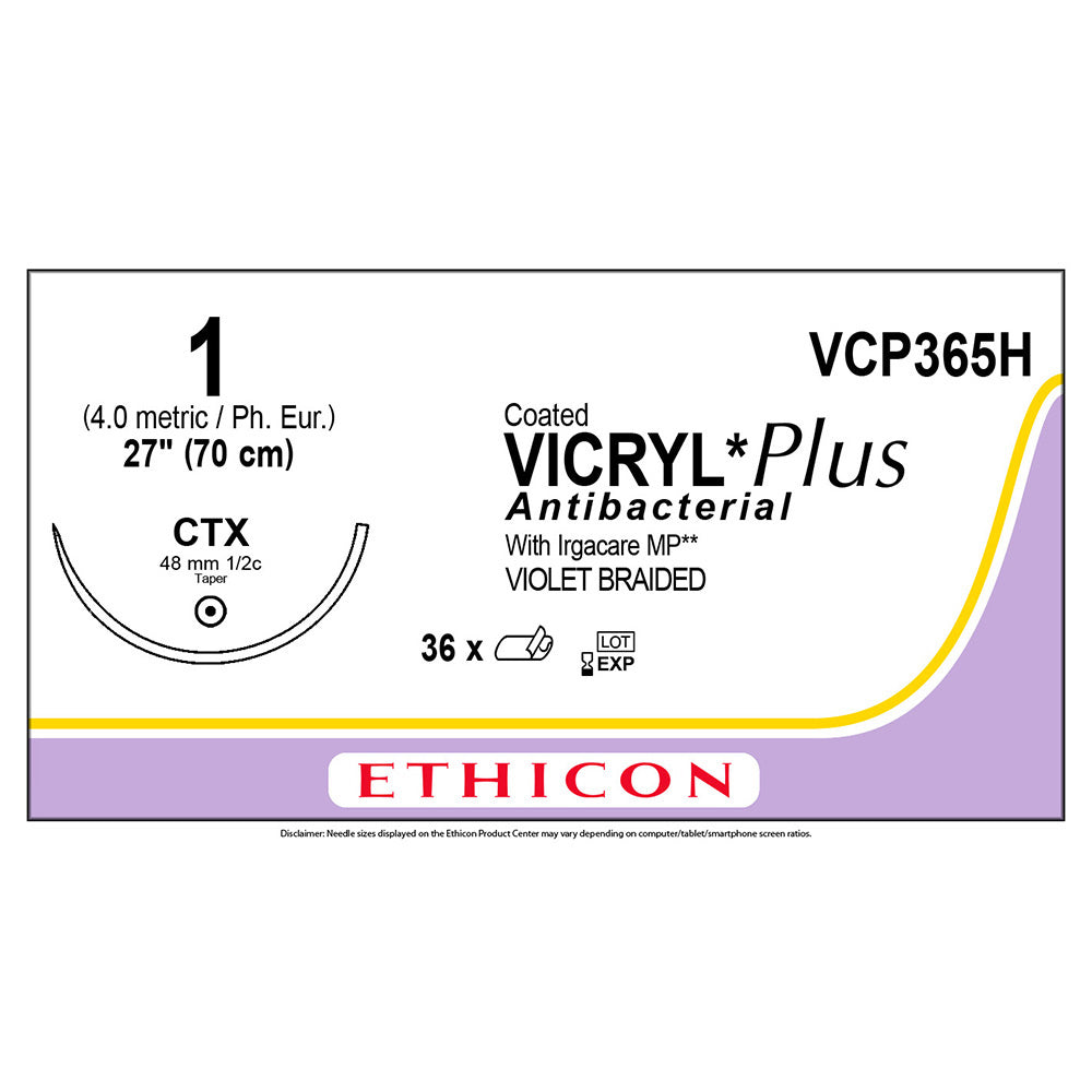 Ethicon COATED VICRYL Plus Antibacterial Suture, Size: 1, Needle: CTX, VIOLET, 36/bx. MPN: VCP365H