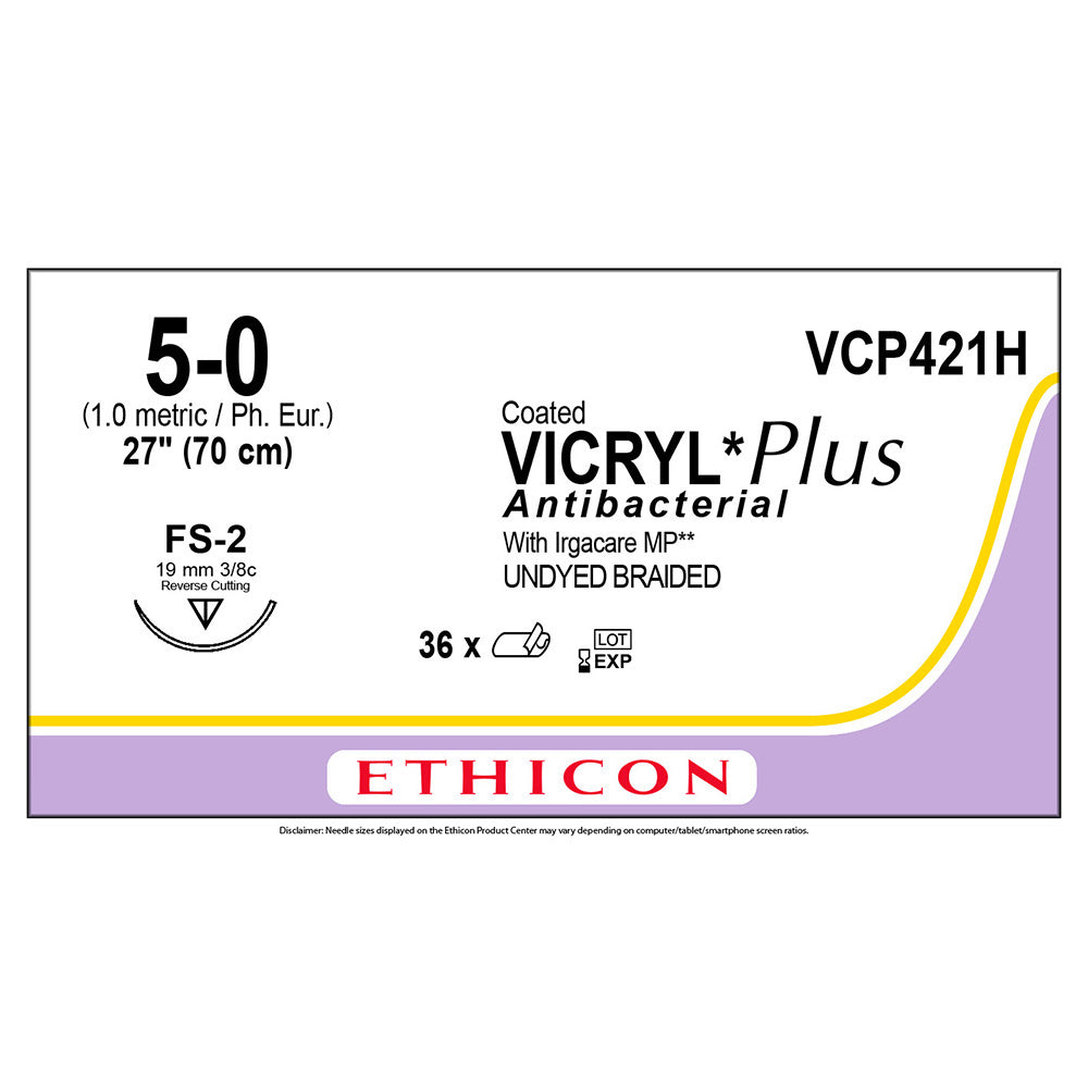 Ethicon COATED VICRYL Plus Antibacterial Suture, Size: 5-0, Needle: FS-2, UNDYED, 36/bx. MPN: VCP421H