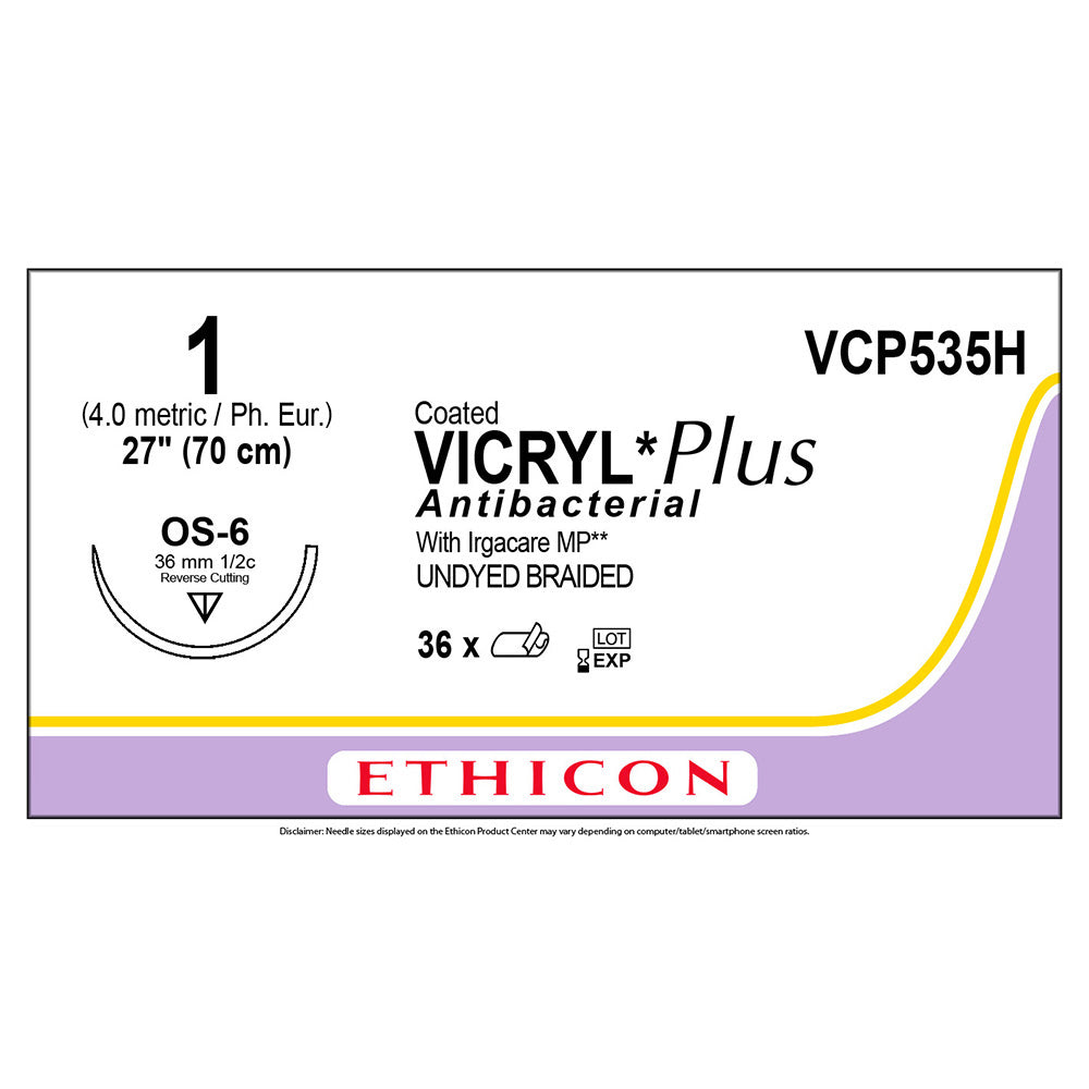 Ethicon COATED VICRYL Plus Antibacterial Suture, Size: 1, Needle: OS-6, UNDYED, 36/bx. MPN: VCP535H