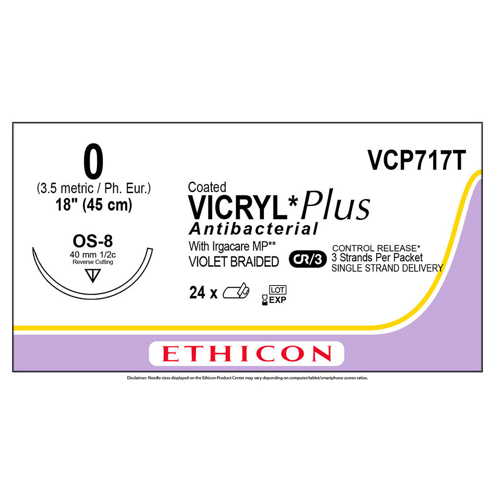 Ethicon COATED VICRYL Plus Antibacterial Suture, Size: 0, Needle: OS-8, VIOLET, 24/bx. MPN: VCP717T