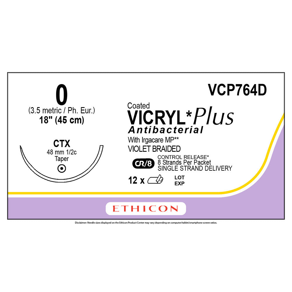 Ethicon COATED VICRYL Plus Antibacterial Suture, Size: 0, Needle: CTX, VIOLET, 12/bx. MPN: VCP764D