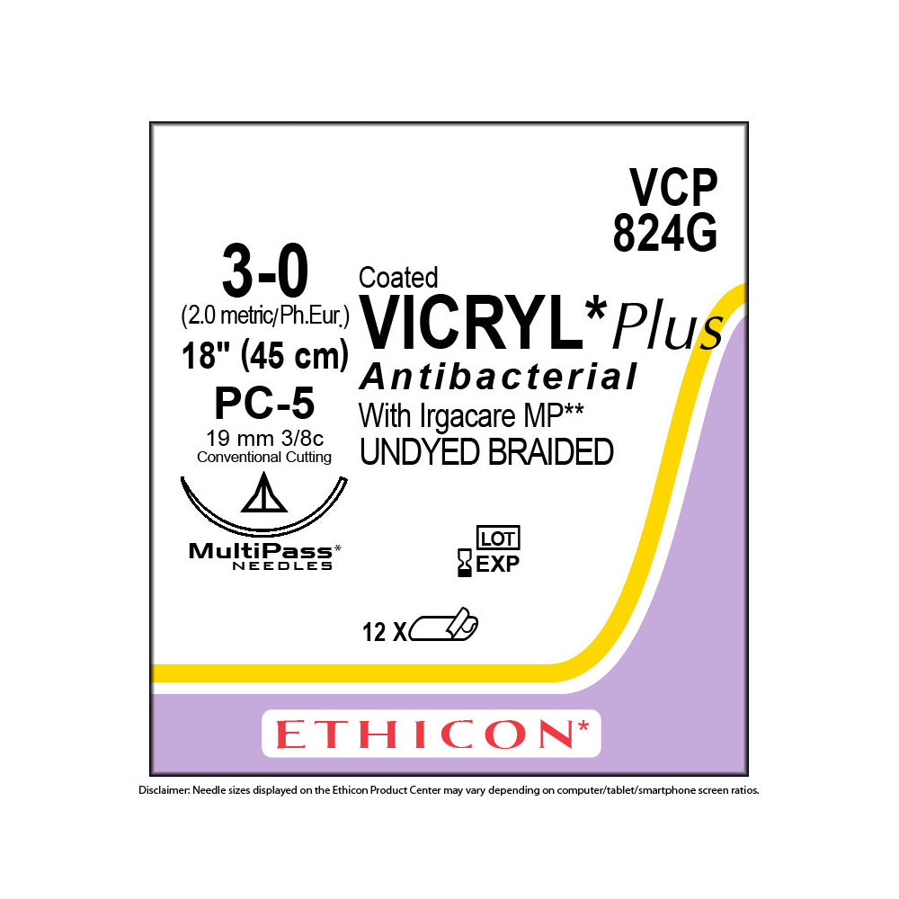 Ethicon COATED VICRYL Plus Antibacterial Suture, Size: 3-0, Needle: PC-5, UNDYED, 12/bx. MPN: VCP824G