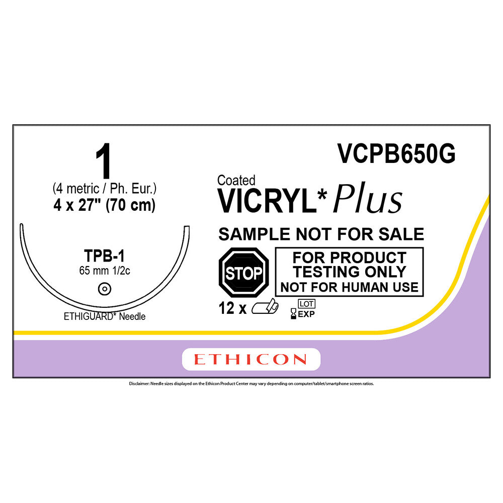 Ethicon COATED VICRYL Plus Antibacterial Suture, Size: 1, Needle: TPB-1, VIOLET, 12/bx. MPN: VCPB650G