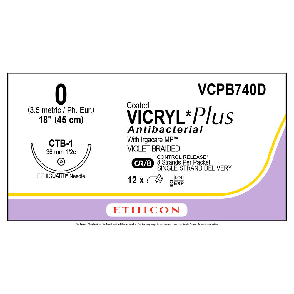 Ethicon COATED VICRYL Plus Antibacterial Suture, Size: 0, Needle: CTB-1, VIOLET, 12/bx. MPN: VCPB740D