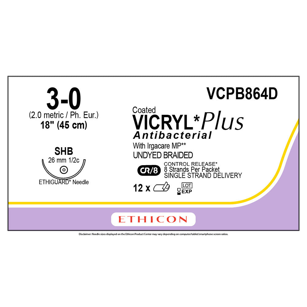 Ethicon COATED VICRYL Plus Antibacterial Suture, Size: 3-0, Needle: SHB, UNDYED, 12/bx. MPN: VCPB864D