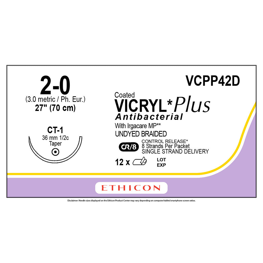 Ethicon COATED VICRYL Plus Antibacterial Suture, Size: 2-0, Needle: CT-1, UNDYED, 12/bx. MPN: VCPP42D