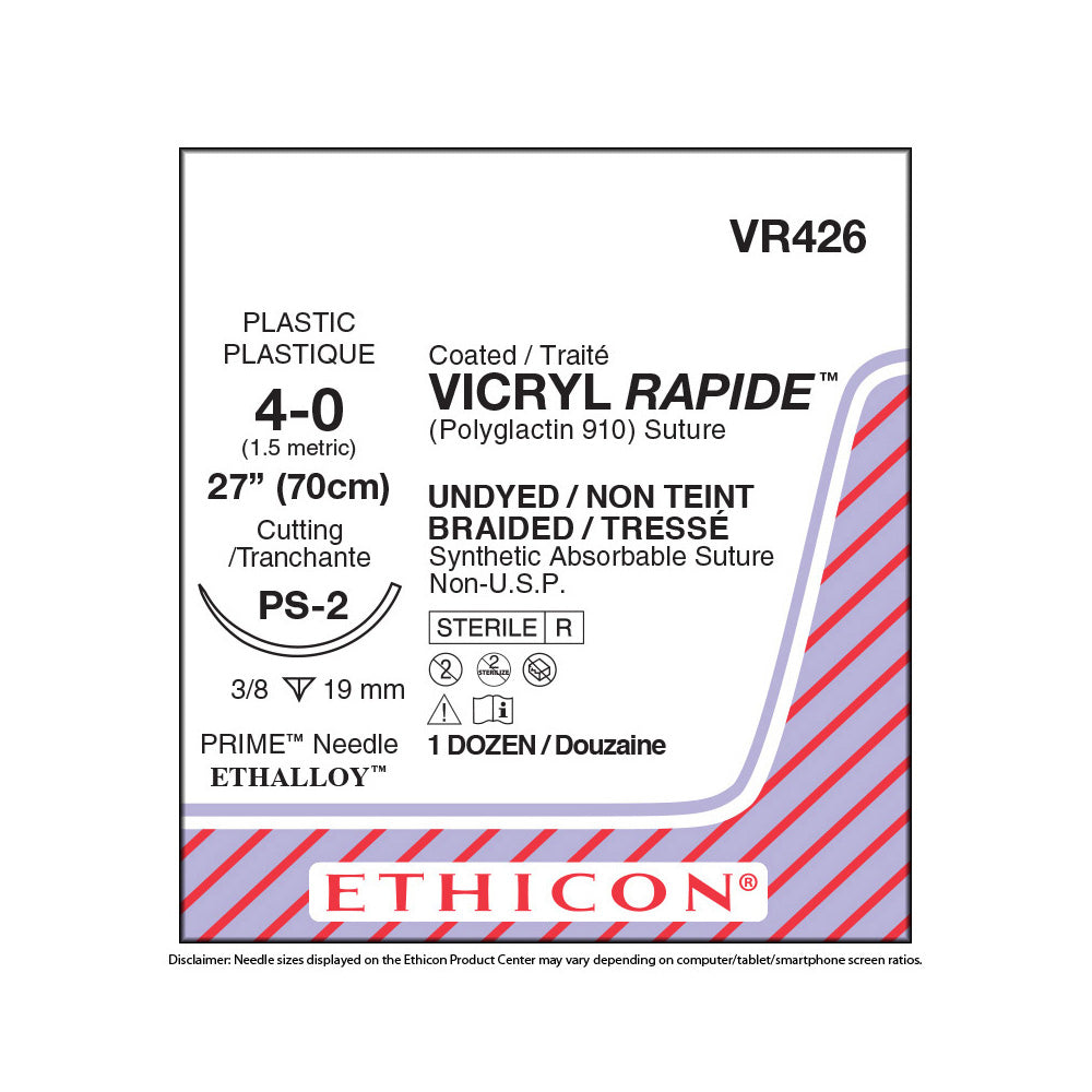 Ethicon VICRYL RAPIDE Suture, Size: 4-0, Needle: PS-2, UNDYED, 12/bx. MPN: VR426