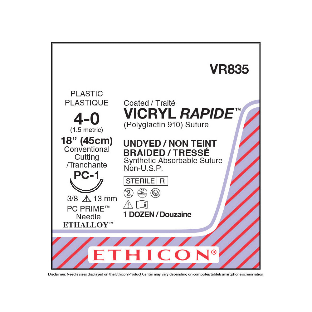 Ethicon VICRYL RAPIDE Suture, Size: 4-0, Needle: PC-1, UNDYED, 12/bx. MPN: VR835