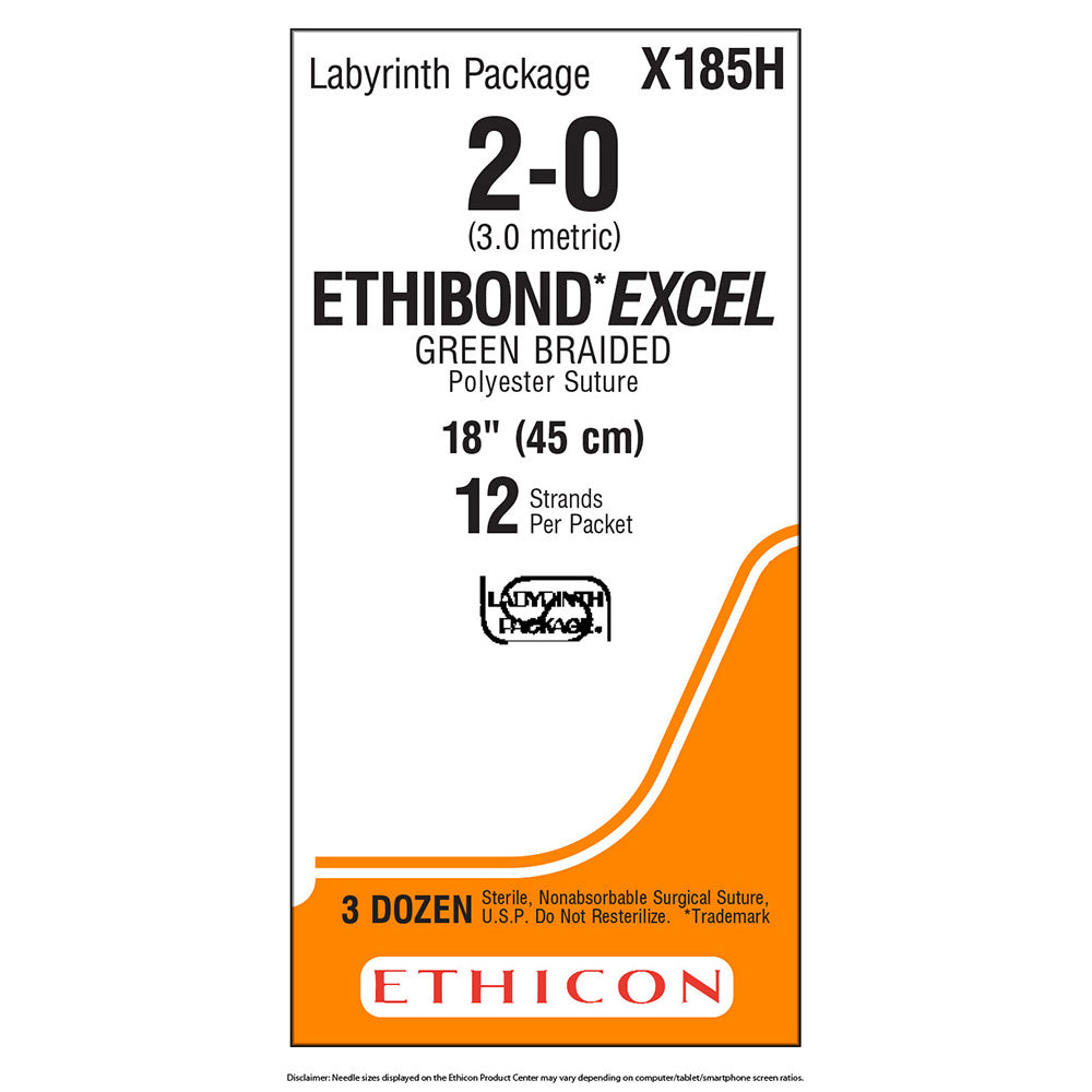 Ethicon ETHIBOND EXCEL Polyester Suture, Size: 2-0, NO NEEDLE, GREEN, 36/bx. MPN: X185H