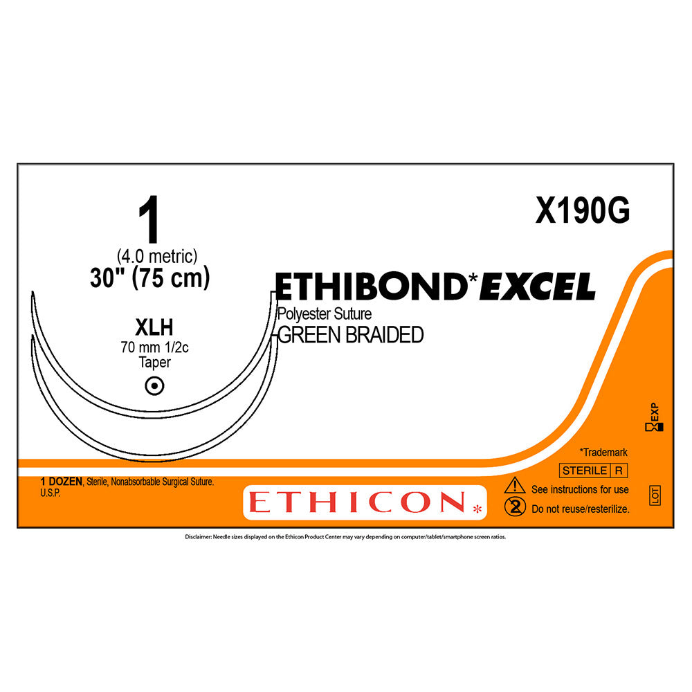 Ethicon ETHIBOND EXCEL Polyester Suture, Size: 1, Needle: XLH, XLH, GREEN, 12/bx. MPN: X190G