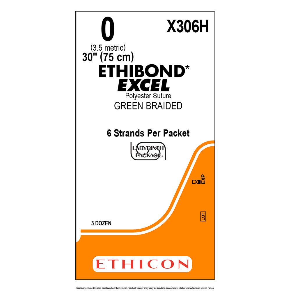 Ethicon ETHIBOND EXCEL Polyester Suture, Size: 0, NO NEEDLE, GREEN, 36/bx. MPN: X306H