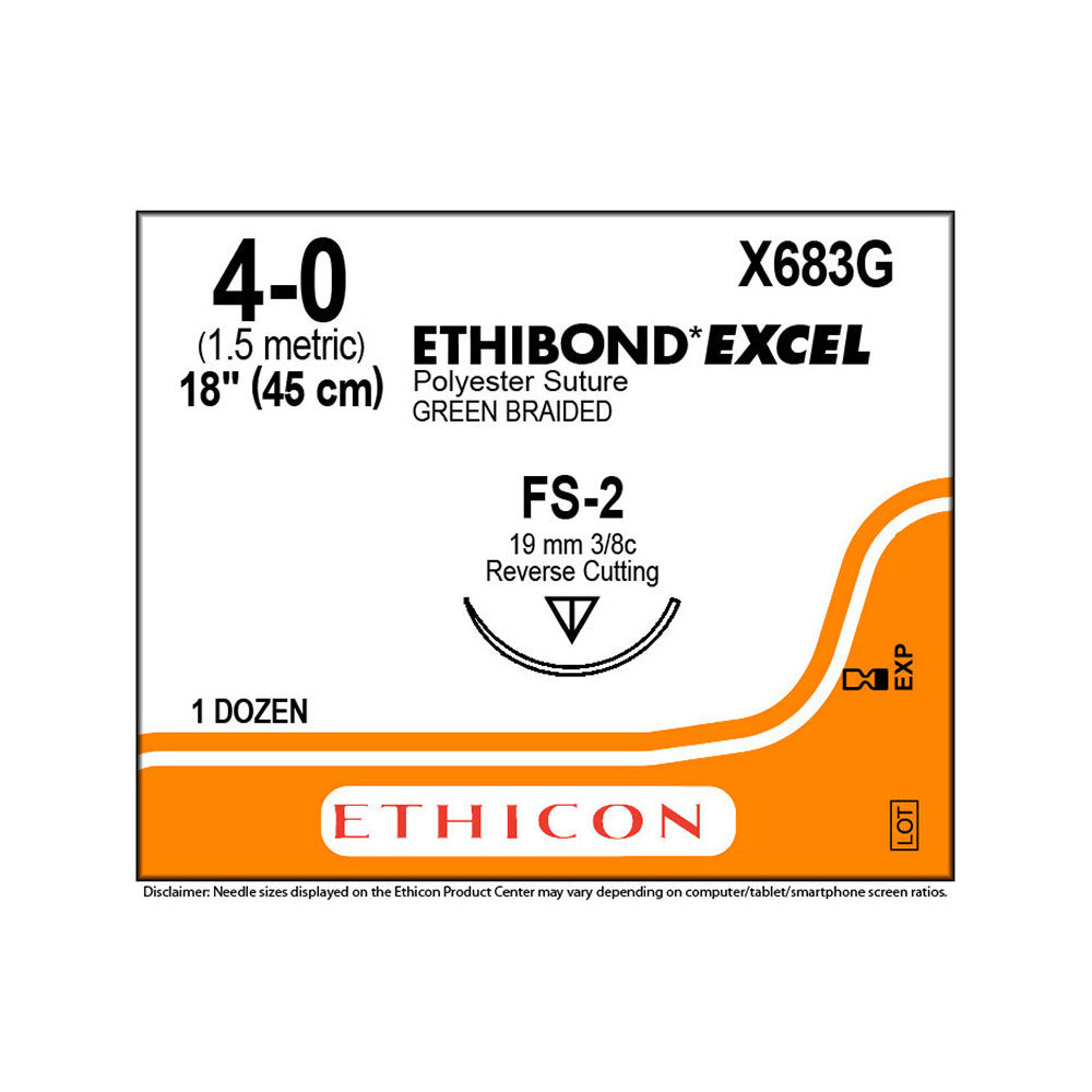 Ethicon ETHIBOND EXCEL Polyester Suture, Size: 4-0, Needle: FS-2, GREEN, 12/bx. MPN: X683G