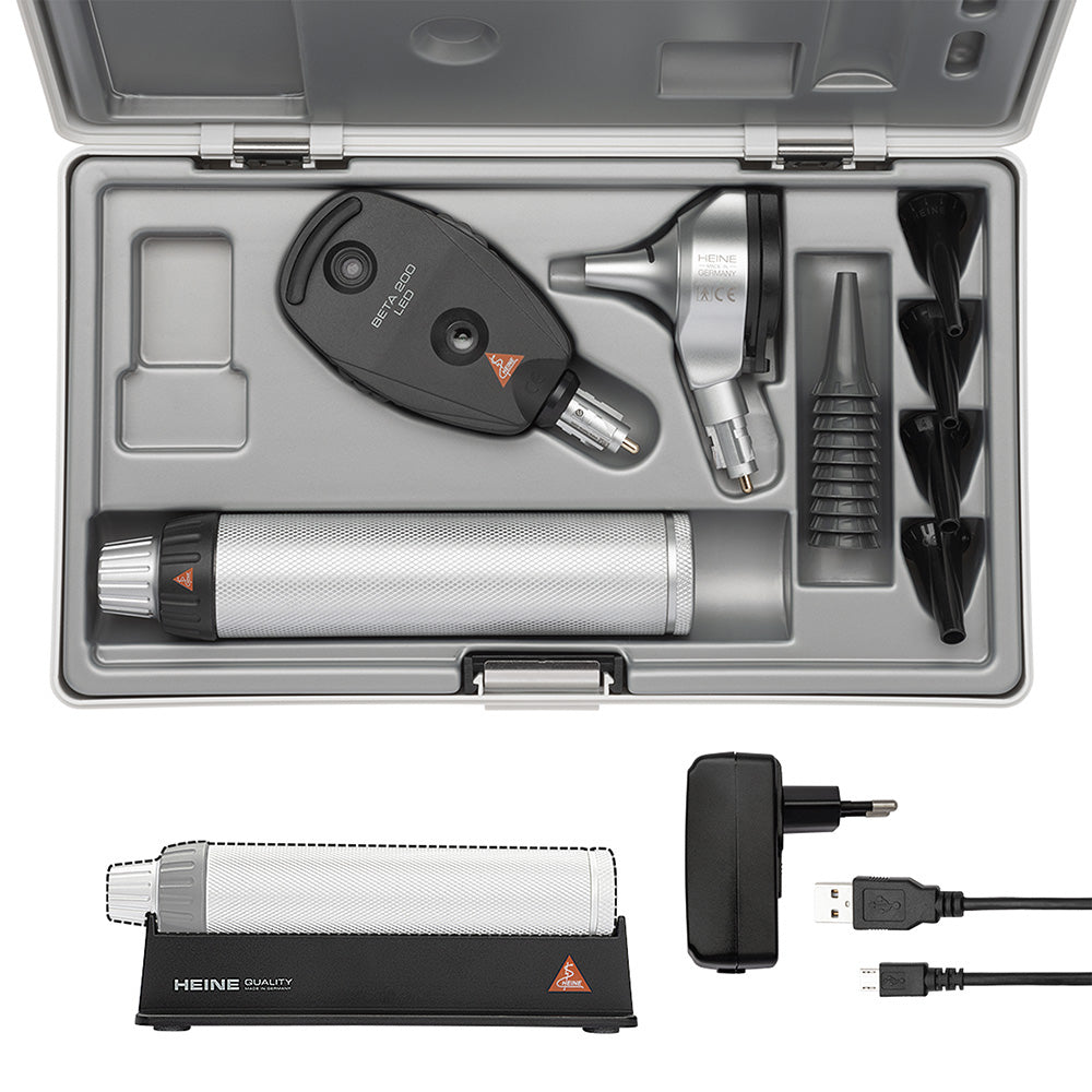 HEINE BETA 200 LED Diagnostic Set: BETA 200 LED Ophthalmoscope, BETA 200 LED Fiber Optic Otoscope, BETA4 USB Rechargeable Handle, USB Cord, Power Supply. MPN: A-132.28.388