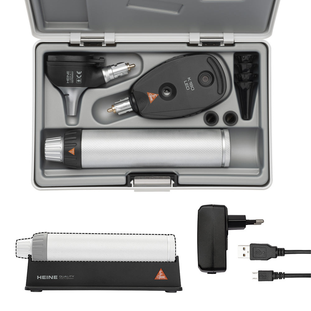 HEINE K180 LED Diagnostic: K180 LED Ophthalmoscope, K180 LED Fiber Optic Otoscope, BETA4 USB Rechargeable Handle, USB Cord. MPN: A-279.28.388
