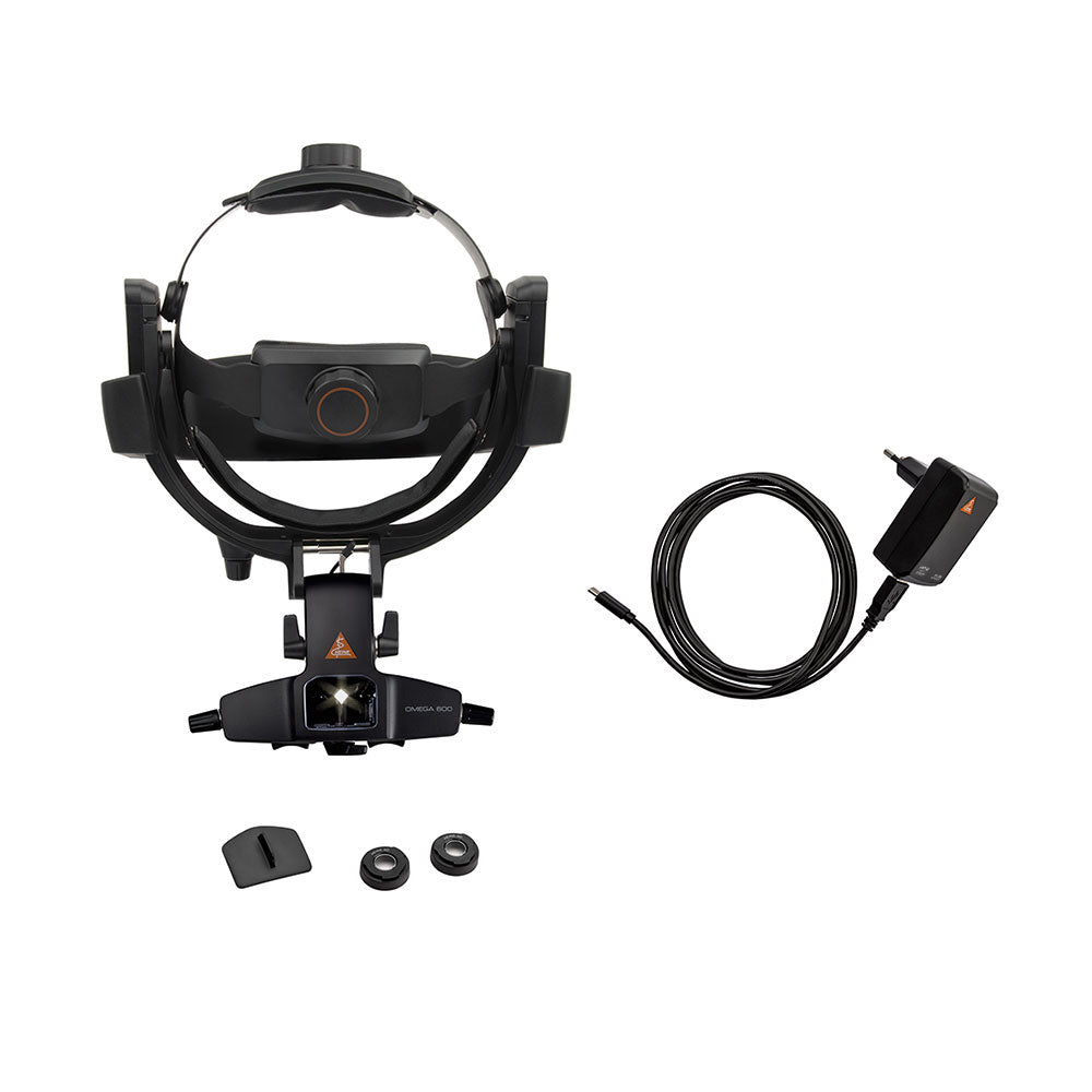 HEINE OMEGA 600 Indirect Ophthalmoscope with battery, +2 D eyepiece, E4-USBC, eyepiece 0 D, CW1 Wall Charger. MPN: C-008.33.612
