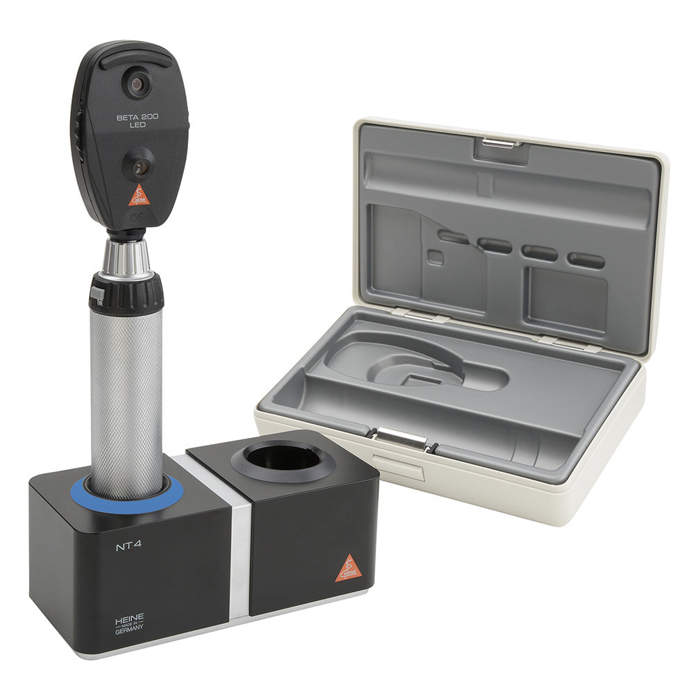 HEINE BETA 200 LED Ophthalmoscope Set: BETA 200 LED Ophthalmoscope, (1) BETA4 NT Rechargeable Handle, NT4 Table Charger, Case. MPN: C-144.24.420