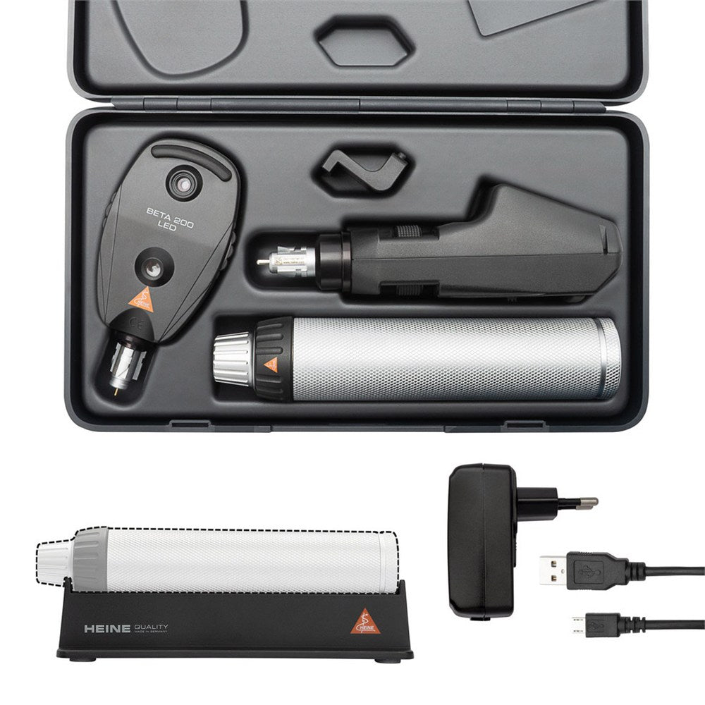 HEINE BETA 200 LED Ophthalmic Diagnostic Set: BETA 200 LED Ophthalmoscope, BETA 200 LED Streak Retinoscope, BETA4 USB Rechargeable Handle, Hard Case. MPN: C-145.28.388