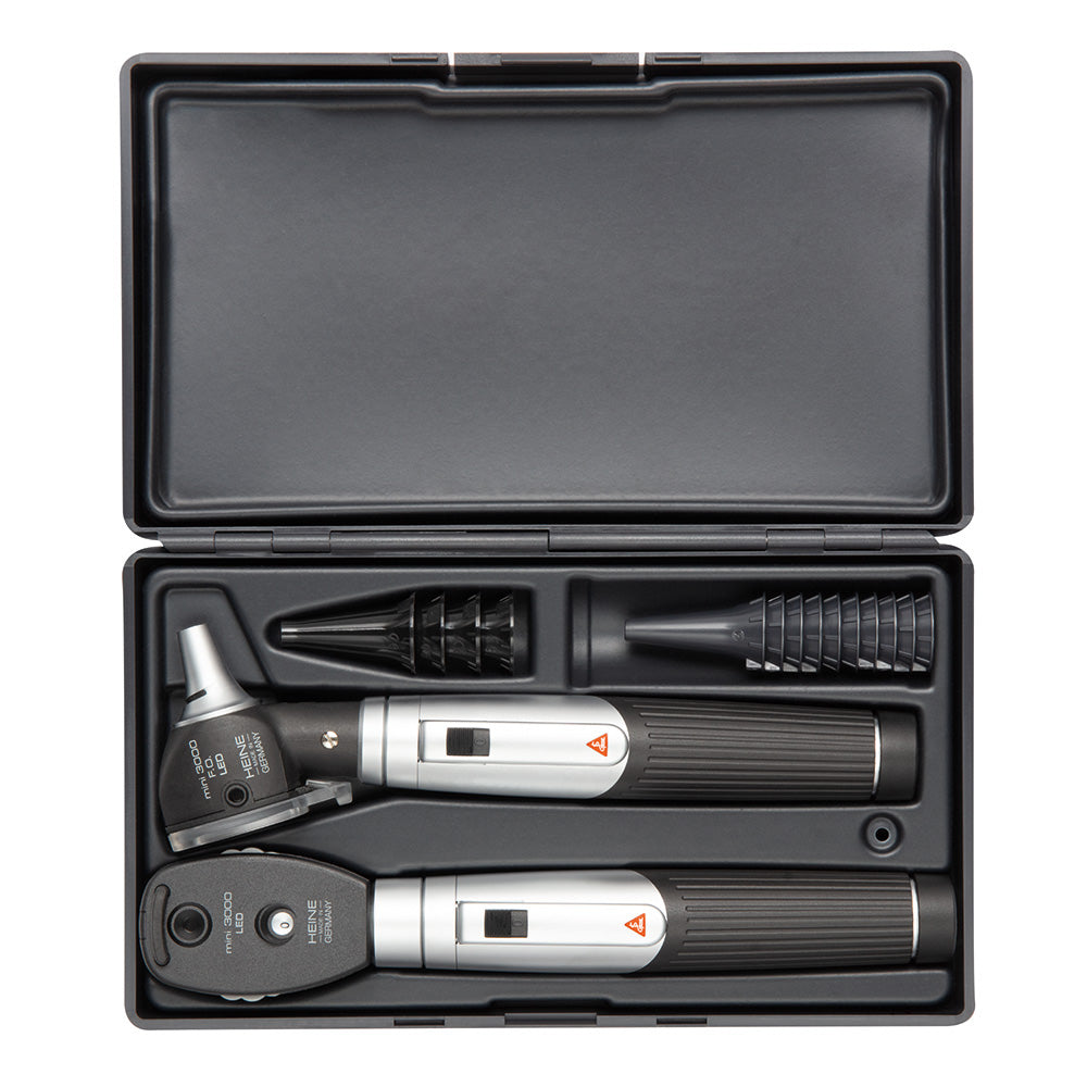 HEINE mini3000 LED Diagnostic Set: mini3000 LED Ophthalmoscope, mini3000 Fiber Optic LED Otoscope, (2) mini3000 battery handles, (4) reusable tips B-000.11.111, (10) AllSpec 4mm disposable tips, Case. MPN: D-886.11.021