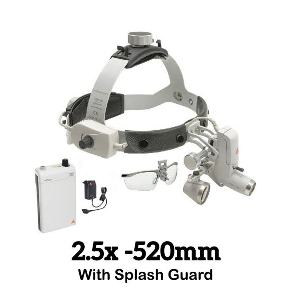 HEINE ML4 LED Headlight Kit, mPack Power Source, S-Guard, HR Binocular Loupe 2.5 x / 520mm. MPN: J-008.31.450