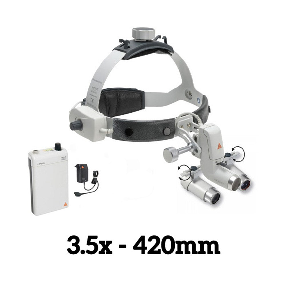 HEINE ML4 LED Headlight Kit, mPack Power Source, HRP Binocular Loupe 3.5 x / 420mm. MPN: J-008.31.454