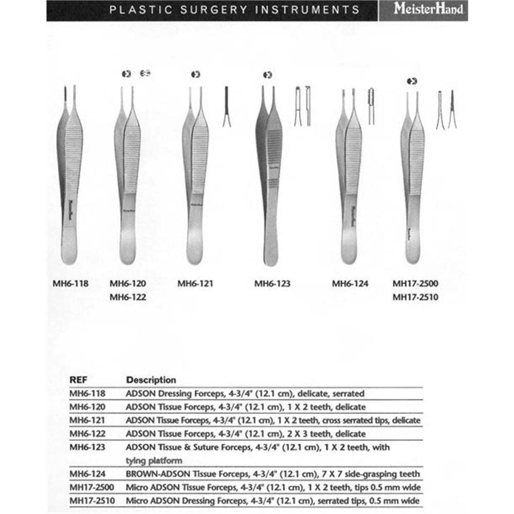 MeisterHand ADSON Tissue Forceps 1 X 2 teeth, 4-3/4" (120mm), cross serrated tips, delicate. MPN: MH6-121 - Image 3