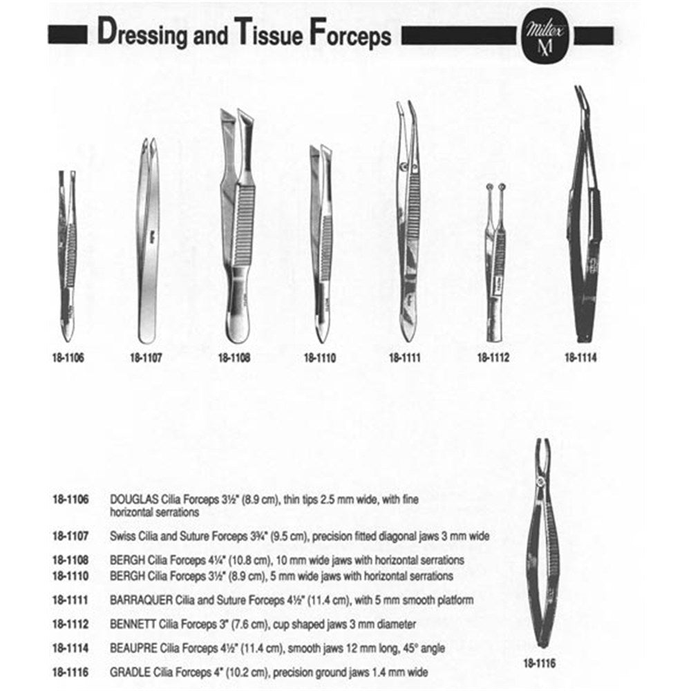 MILTEX Swiss Cilia and Suture Forceps, 3-3/4" (96mm), 2.8mm Wide Slanted Smooth Jaws. MPN: 18-1107 - Image 2