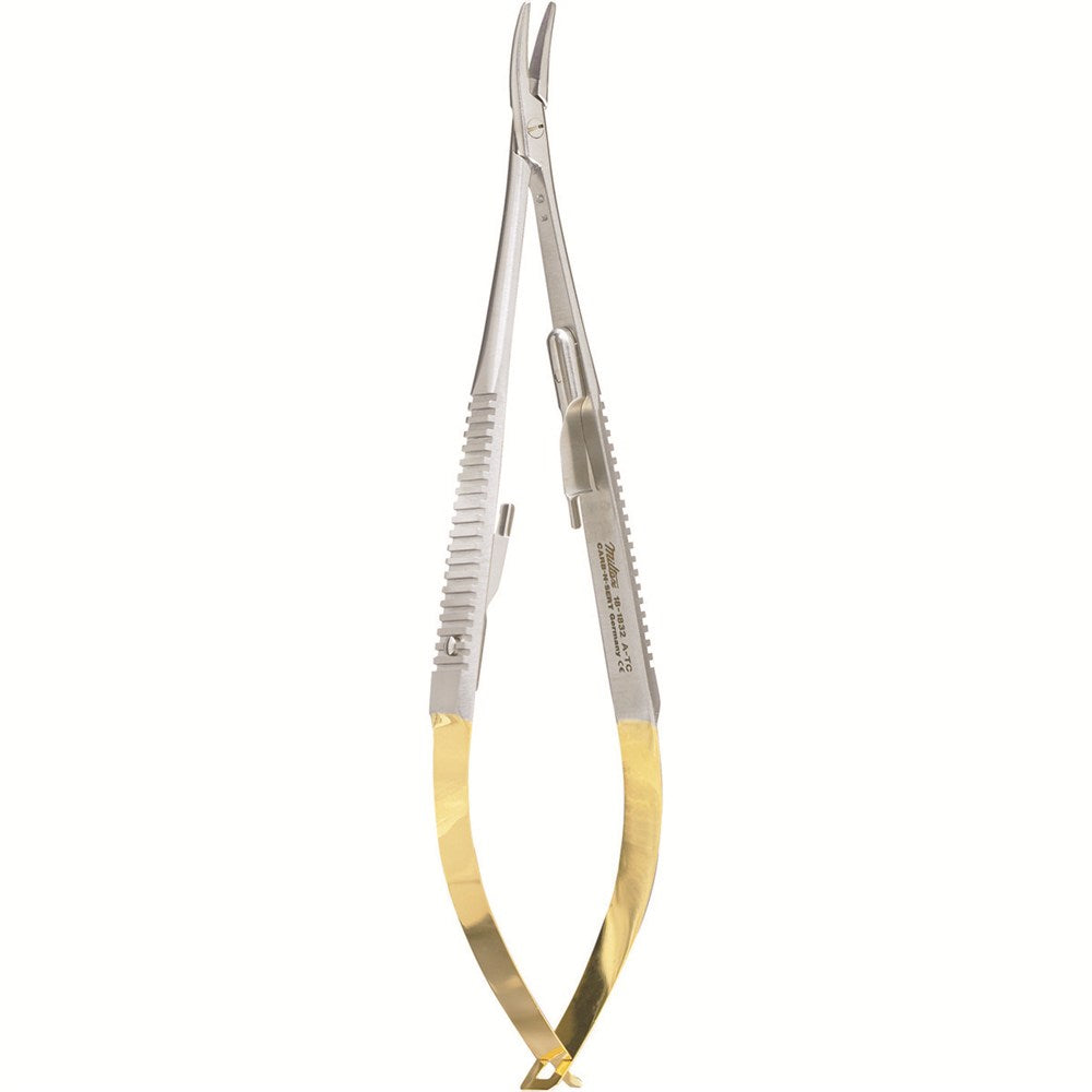Miltex Castroviejo Needle Holder, 5½" (14 cm), Curved, Serrated Jaws, with Lock, Tungsten Carbide. MPN: 18-1832A-TC