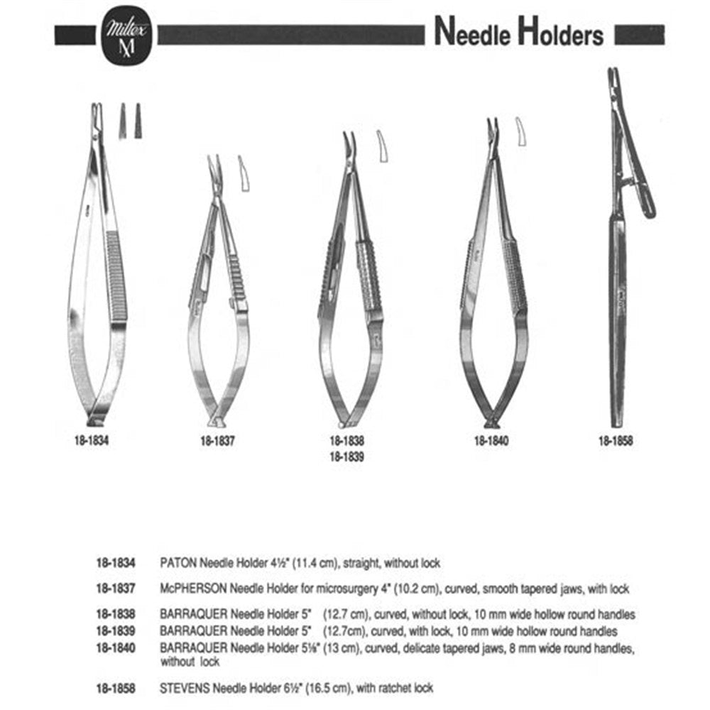 Miltex Barraquer Needle Holder, 5¼" (13.4 cm), Curved, Delicate Jaws, without Lock, 8 mm Solid Round Handles. MPN: 18-1840 - Image 2