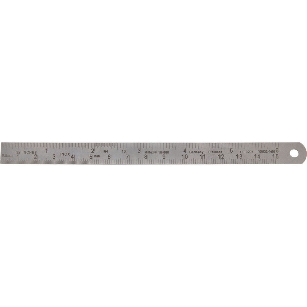 MILTEX Flexible Stainless Steel Ruler 6" (150mm) X 1/2" (13mm), graduate in fractional inches, and mm. MPN: 18-660