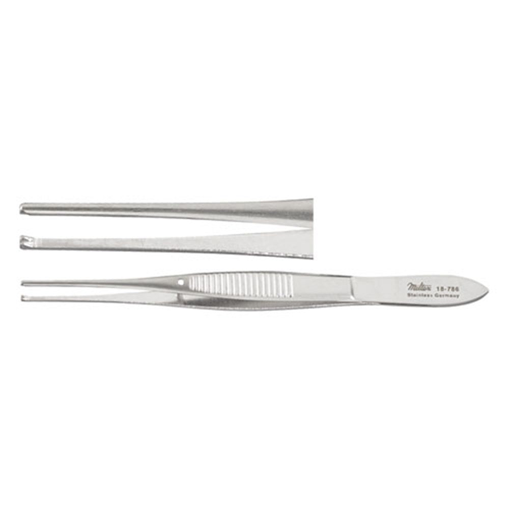 MILTEX Iris Tissue Forceps, 4" (100mm), standard pattern, straight, 1 X 2 teeth, 0.8mm wide tips, non-magnetic. MPN: 18-787