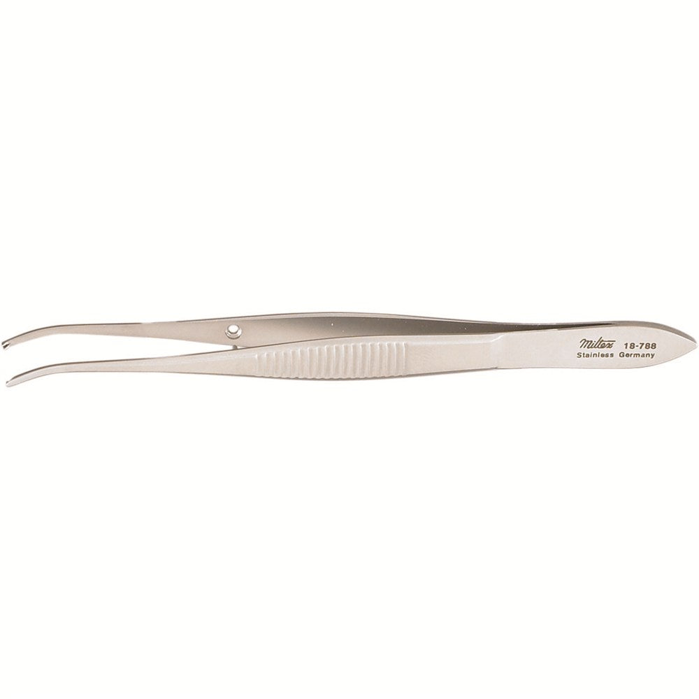 MILTEX Iris Tissue Forceps, 3-7/8" (99mm), standard pattern, half curved, 1 X 2 teeth, 0.8mm wide tips. MPN: 18-788