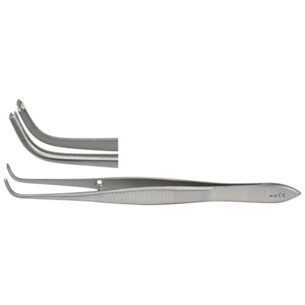 MILTEX Iris Tissue Forceps, 3-7/8" (97mm), standard pattern, full curved, 1 X 2 teeth, 0.8mm wide tips. MPN: 18-790