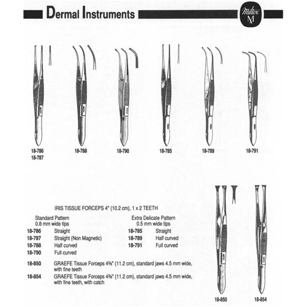 MILTEX Iris Tissue Forceps, 3-3/4" (95mm), delicate pattern, full curved, 1 X 2 teeth, 0.6mm wide tips. MPN: 18-791 - Image 5