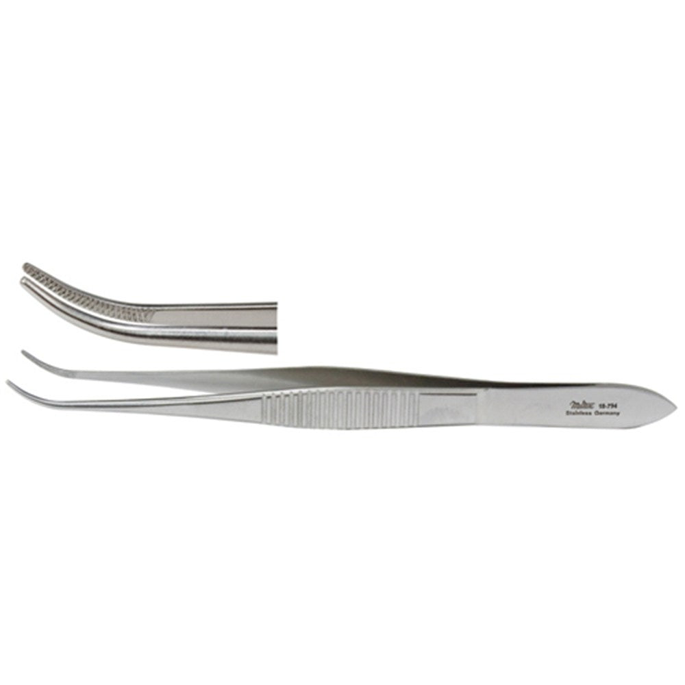 MILTEX BRACKEN Iris Forceps, 3-7/8" (99mm), curved jaws, fine cross-serrated tips. MPN: 18-794