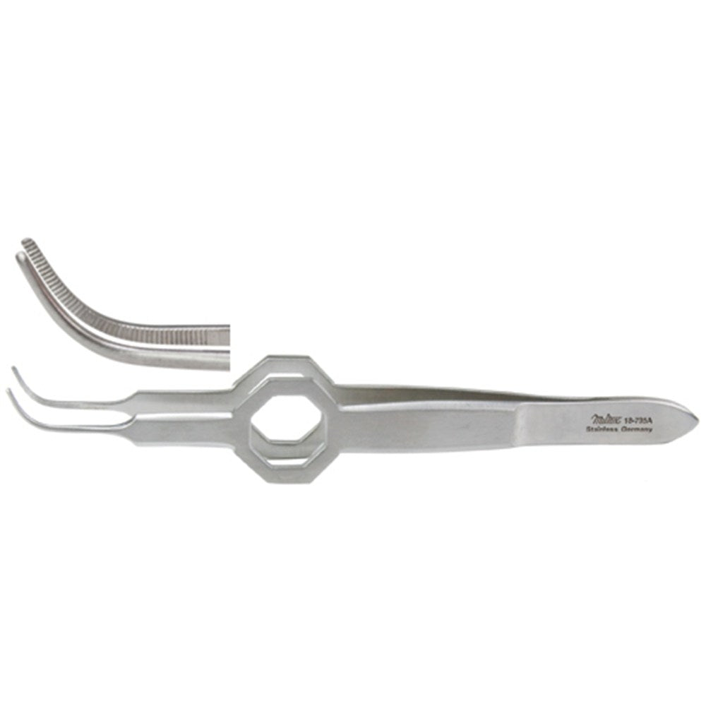 MILTEX FOERSTER Eye Dressing Forceps, 3-3/4" (95mm), octagonal grip, full curved, serrated tips 0.55mm wide. MPN: 18-795A