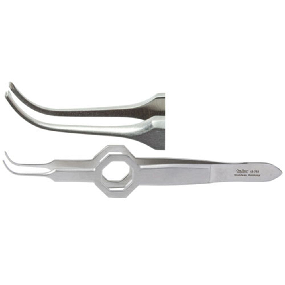 MILTEX FOERSTER Iris Tissue Forceps, 3-3/4" (95mm), octagonal grip, full curved, 1 X 2 teeth, 0.55mm wide. MPN: 18-798