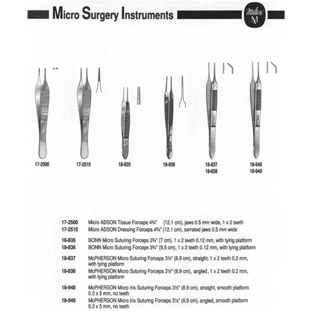 MILTEX MCPHERSON Micro Corneal Suturing Forceps, 3-1/2" (8.9 cm), straight, 1 X 2 teeth, 0.2 mm, tying platform. MPN: 18-837 - Image 3