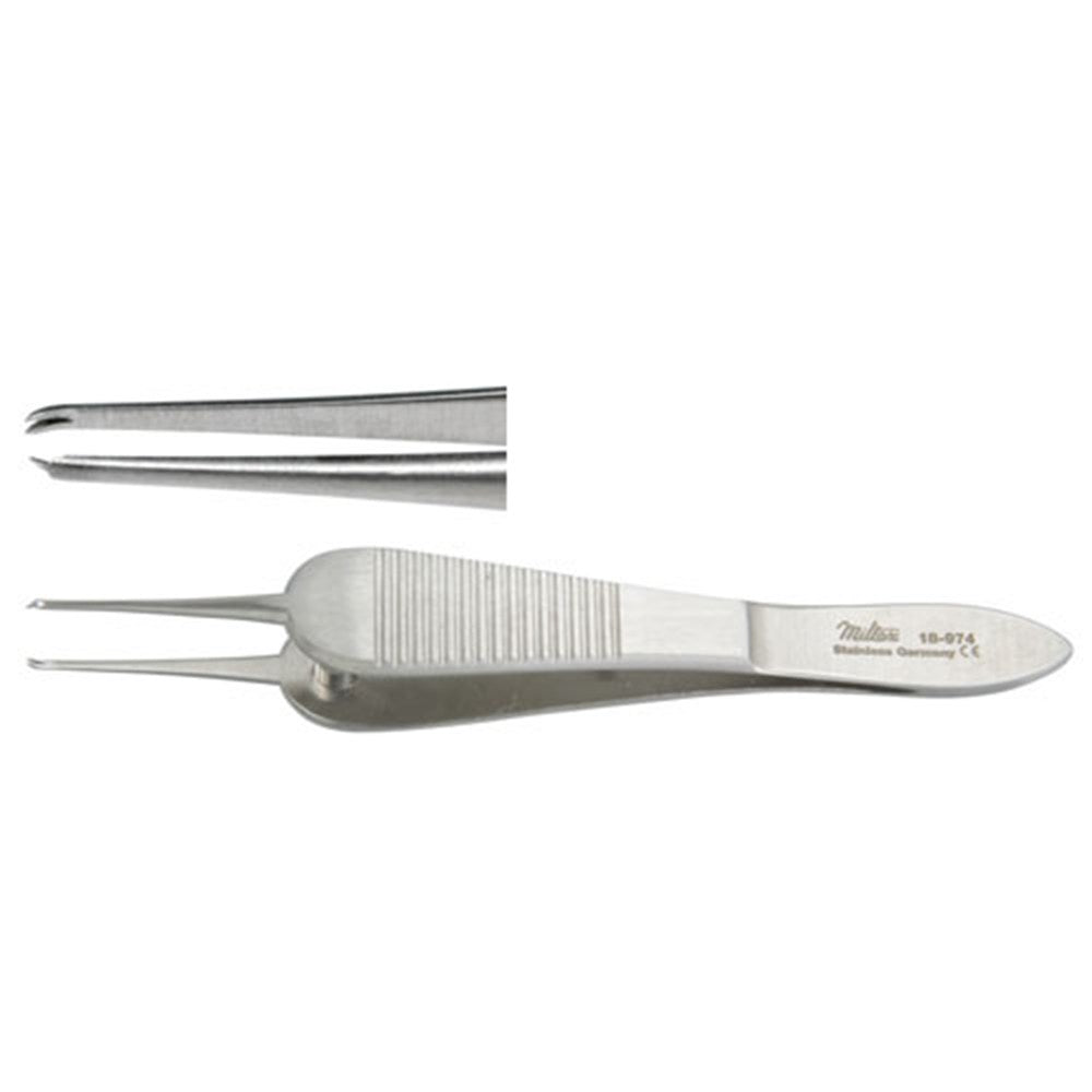 MILTEX SAUER Suturing Forceps, 3-1/2" (8.9 cm), 1 X 2 curved teeth, overlapping each other, 0.6 mm wide. MPN: 18-974