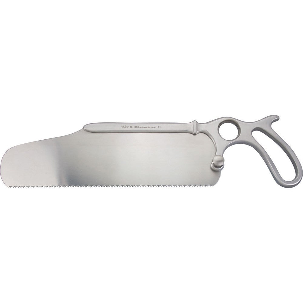 MILTEX SATTERLEE Bone Saw, 11-1/2" (292mm), light metal handle with stainless 8-1/4" (213mm) long blade. MPN: 27-1560