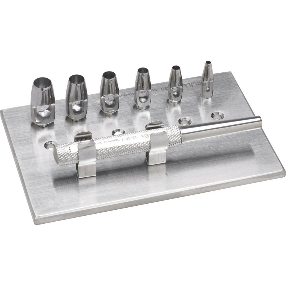 MILTEX KEYES Dermal Punch Set, 3-1/4" (83mm), Handle, 6 Punch Heads, Sizes 2, 3, 4, 5, 6, & 7 mm, and Rack. MPN: 33-30