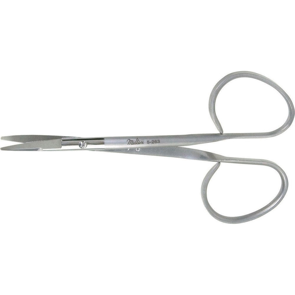 MILTEX KAYE Fine Dissecting (Blepharoplasty) Scissors, 4-1/4" (107mm), Curved, One Serrated Blade, ribbon type. MPN: 5-263