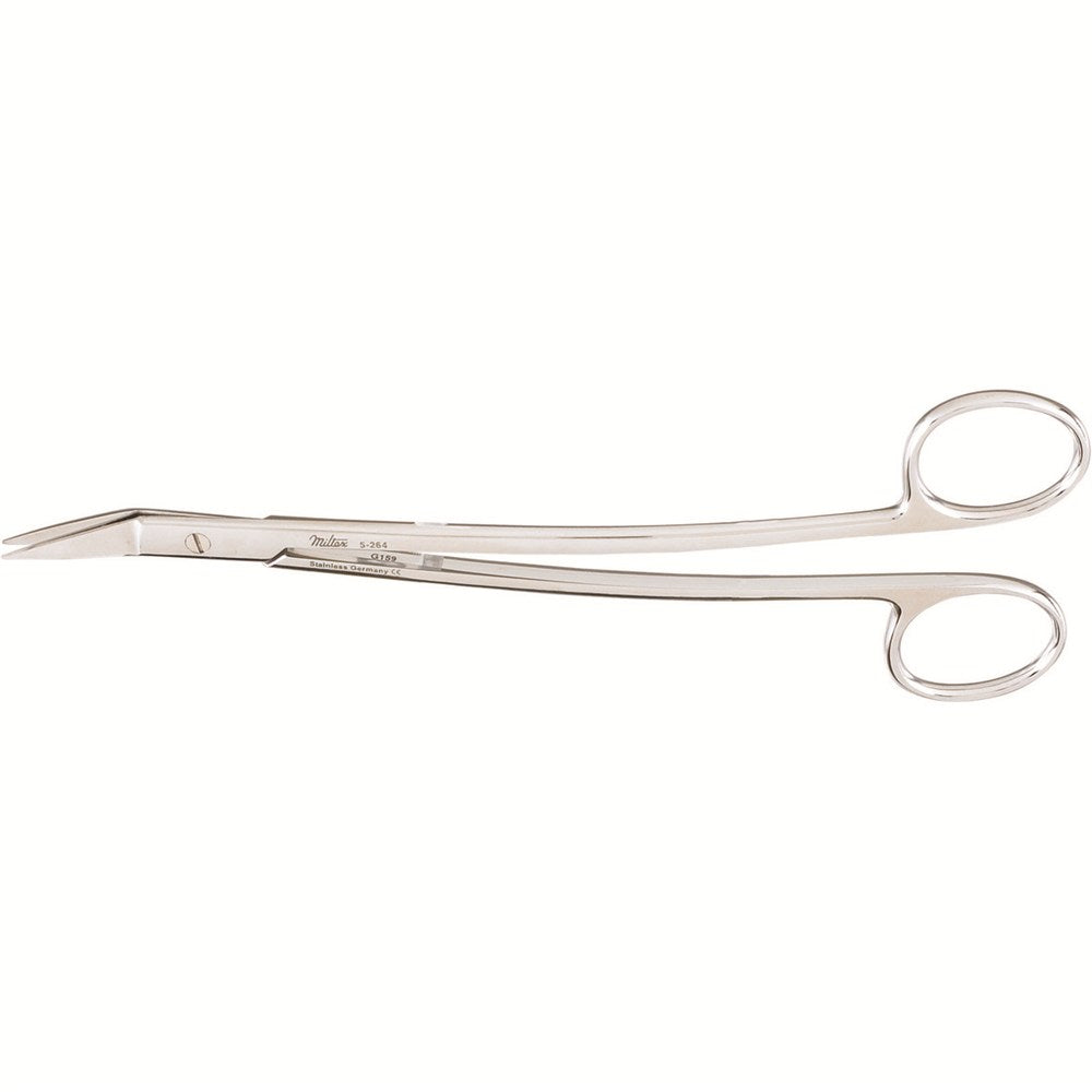 MILTEX DEAN Dissecting Scissors, 6-3/4" (170mm), Angled On Flat, One Serrated Blade. MPN: 5-264