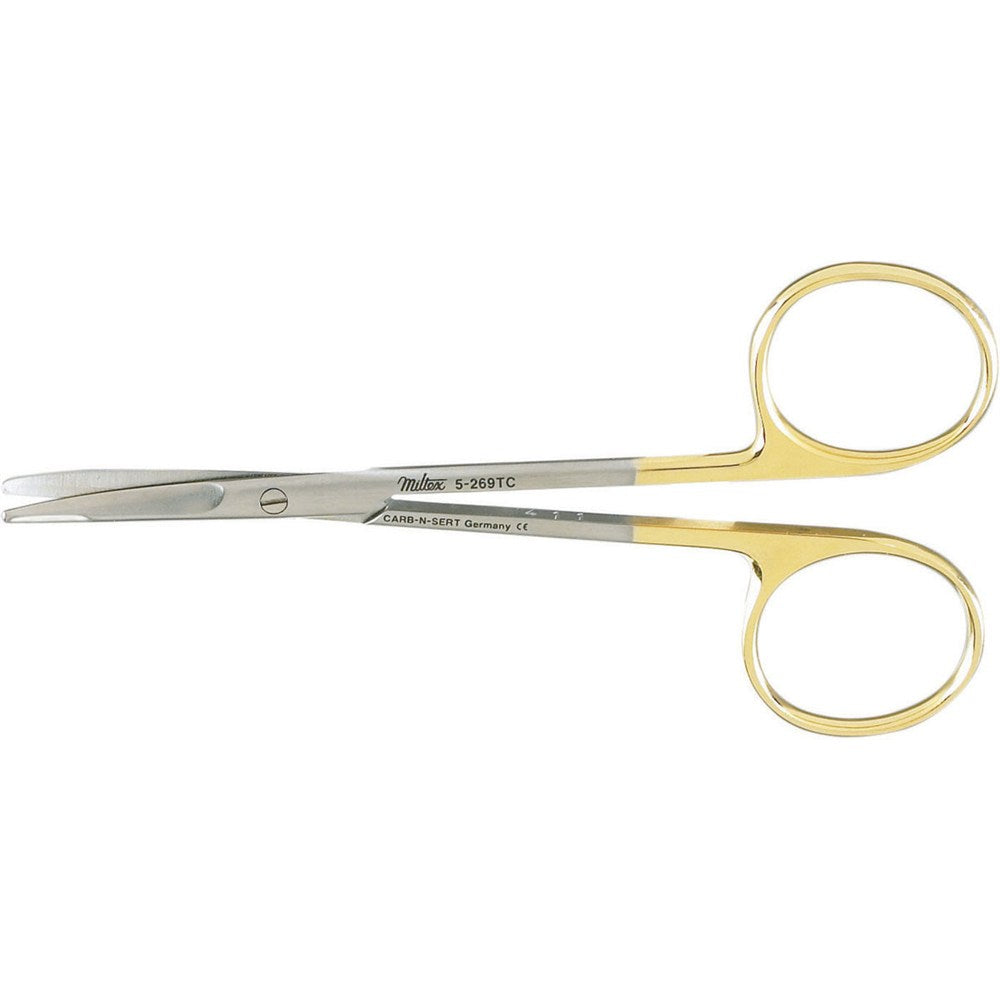 MILTEX KAYE Dissecting Scissors, 4-1/2" (114mm), tungsten carbide, curved, blunt points, one serrated blade. MPN: 5-269TC