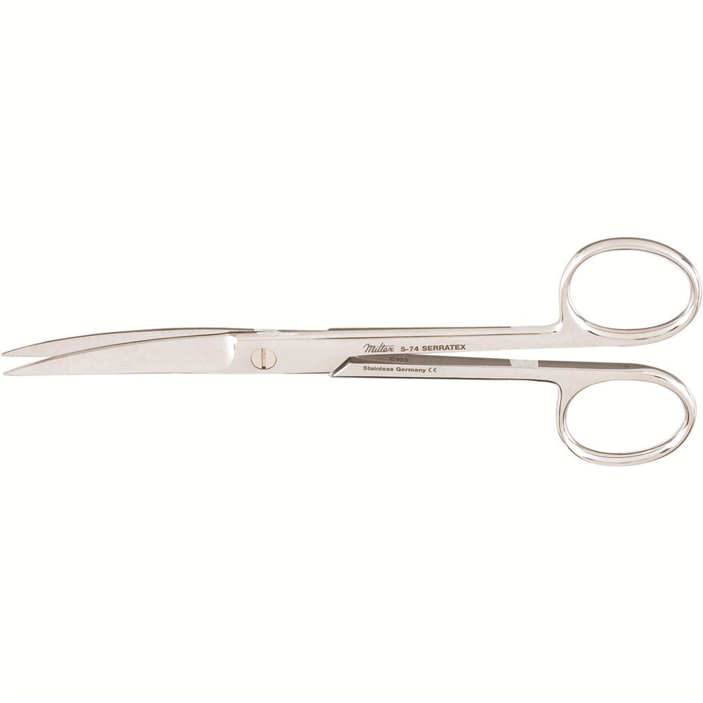 MILTEX Standard Pattern Serratex Operating Scissors, curved, 5-1/2", one serrated edge, sharp-sharp points. MPN: 5-74