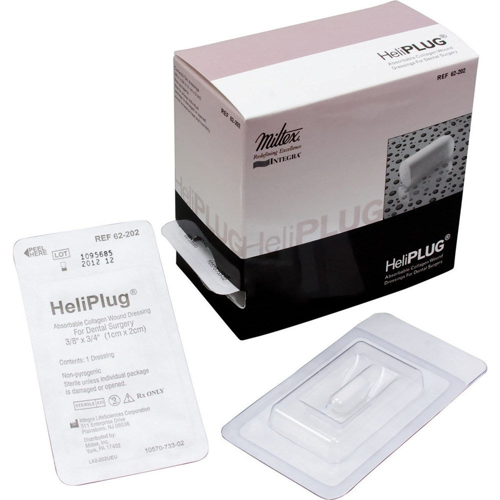 INTEGRA HeliPLUG Absorbable Collagen Wound Dressing for Dental Surgery, 3/8" x 3/4" (1 cm x 2 cm). MPN: 62-202