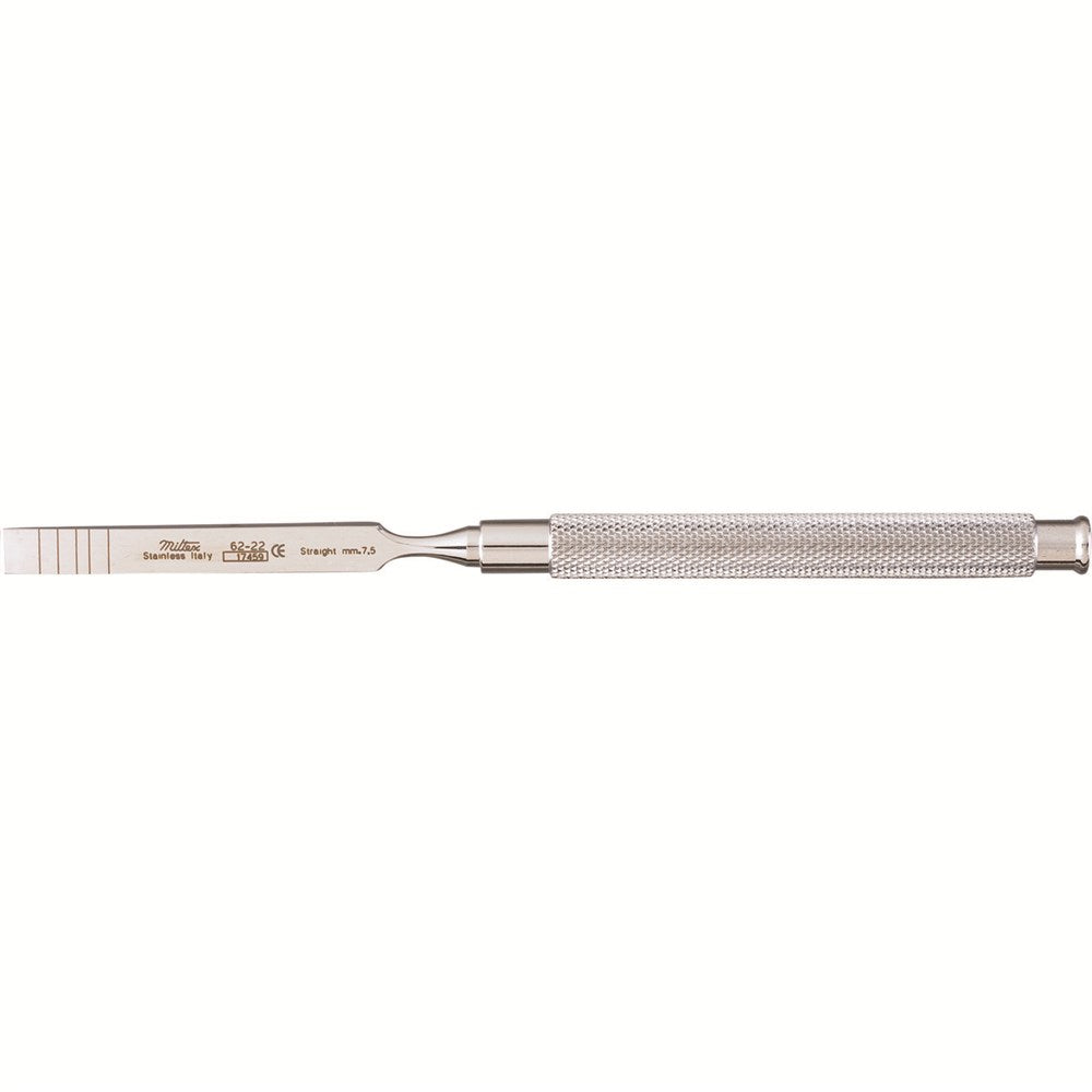 MILTEX Graduated Chisel, (7-10-13-15-18 mm markings), Straight, Length= 7" (178 mm), Width= 7.5 mm. MPN: 62-22