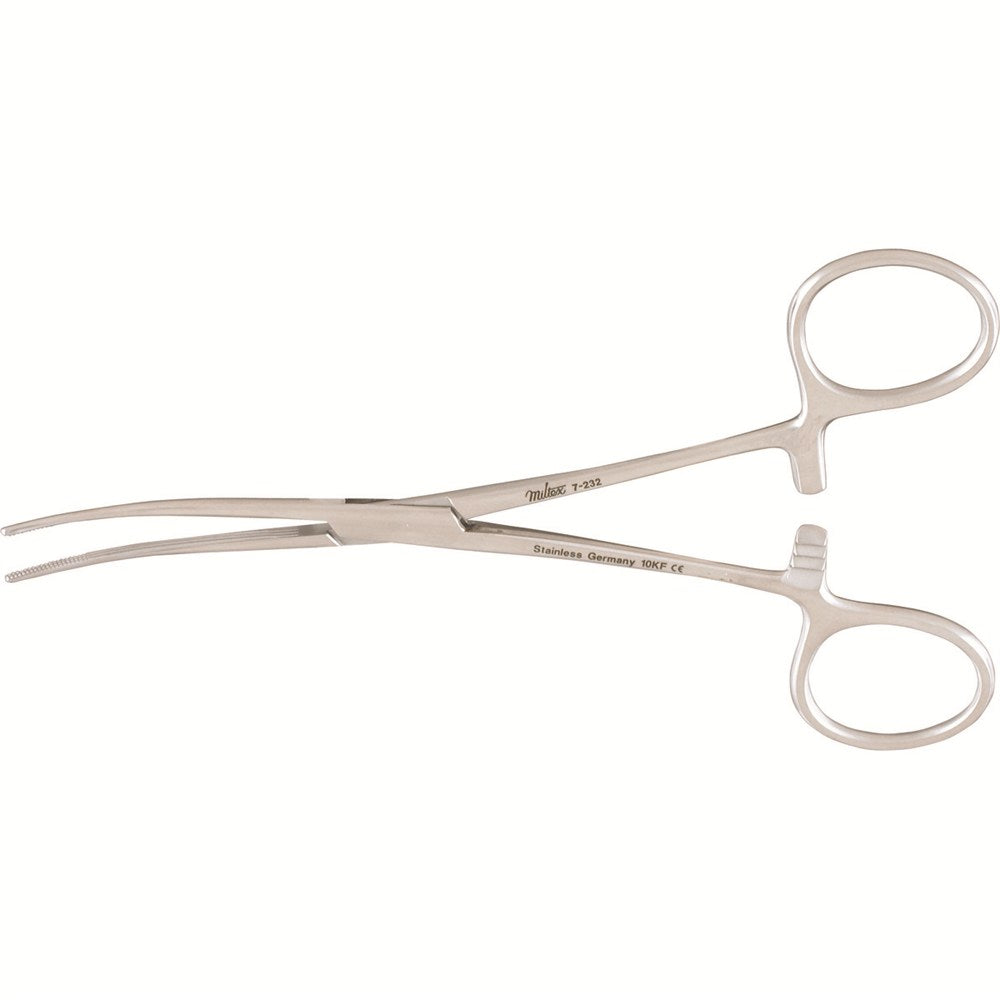 MILTEX BAINBRIDGE Forceps, 6" (15.2 cm), curved, longitudinal serrations, cross tip serrations. MPN: 7-232