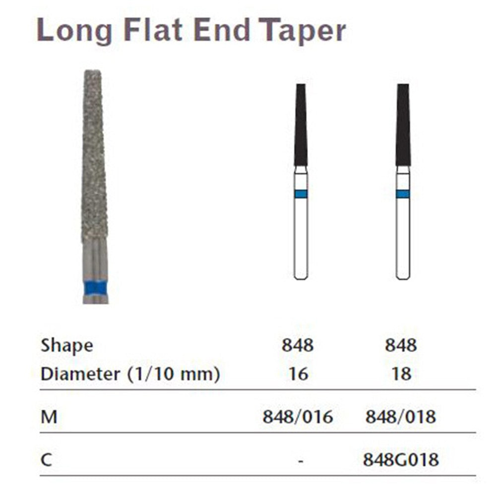 MILTEX Diamond Bur, Long Flat End Taper (848), Diameter= 18, Medium Grit, Blue Band. MPN: 848/018